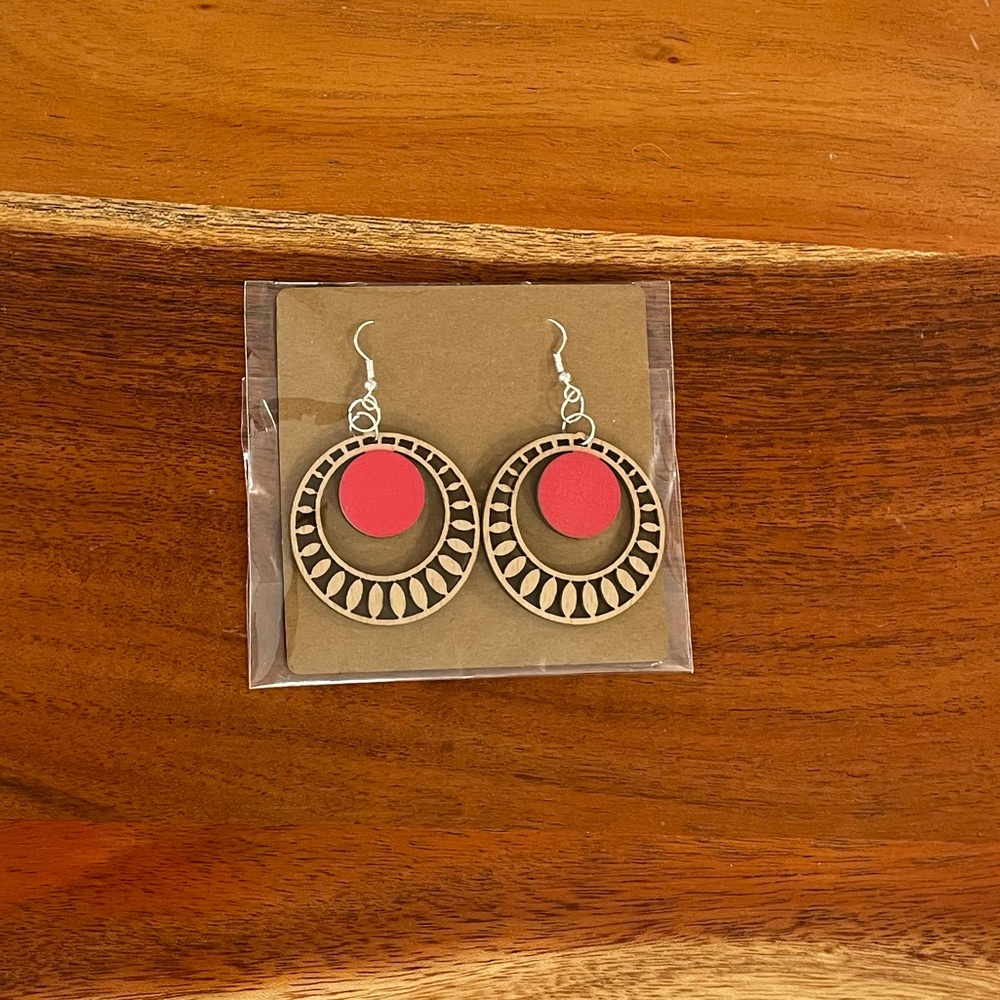 NIB Wooden Carved Red Sun Hoop Earrings